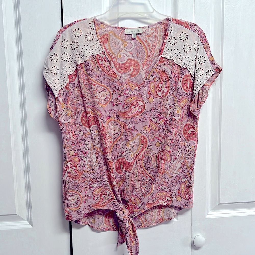 Chenault Pink Orange Paisley Tie bottom Boxy Top Size S